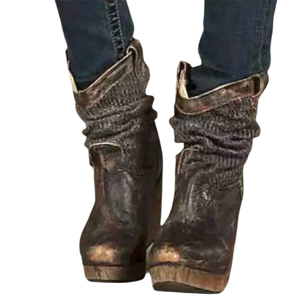 Bed Stu Leather Bruges Slouch Grey Knit Wedge Distressed Bohemian Moto Boot 8